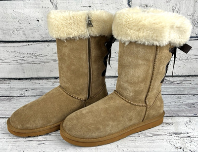 Lamo Footwear Adele Tall Suede Boots Chestnut Tan Faux Fur Lining Size 9