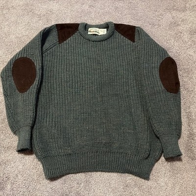 VTG Aran Crafts Sweater Men s XL Ireland 100% Wool Knit Fisherman Elbow Patches