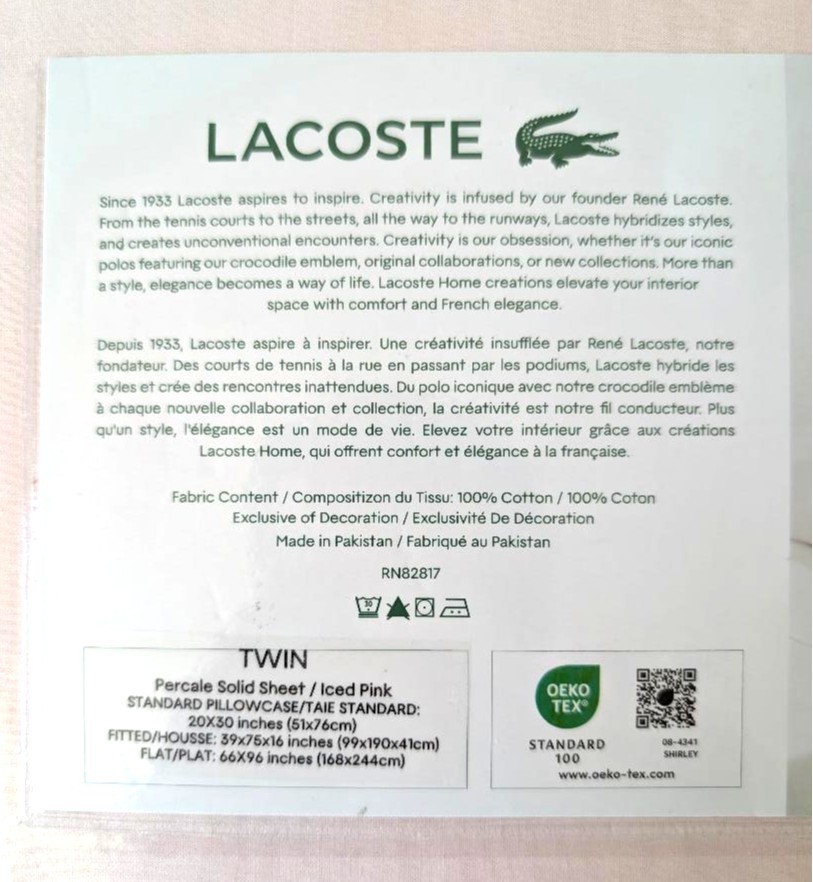 Lacoste 100% Cotton Percale Sheet Set Twin Iced Pink Solid Bedding NEW thumbnail 7