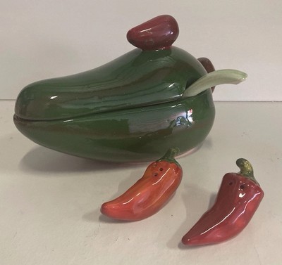 Vintage Ceramic Jalapeño Pepper Salsa Dip Set + Pepper Shaped Salt & Pepper