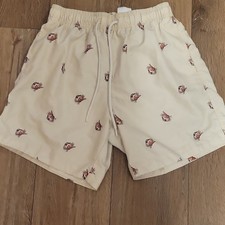 H M Men's Fish Print Swim Shorts Beige Size S Drawstring Mesh Lining