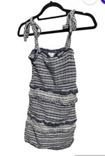 Storia Womens Smocked Tie Strap Mini Sheath Dress Size Medium Blue White