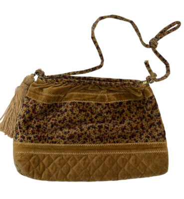 Mark Baren Tan Velvet Hobo Handbag Purse Tasseled Shoulder Bag 12.5'' x 18.5''