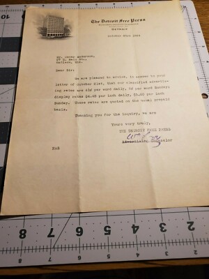 1924 The Detroit Free Press letter on stationary