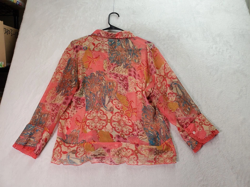 Blusa Top Bill Blass Mujer Grande Multi Naranja Floral Transparente Volantes Botón Frontal Foto 2 de 4