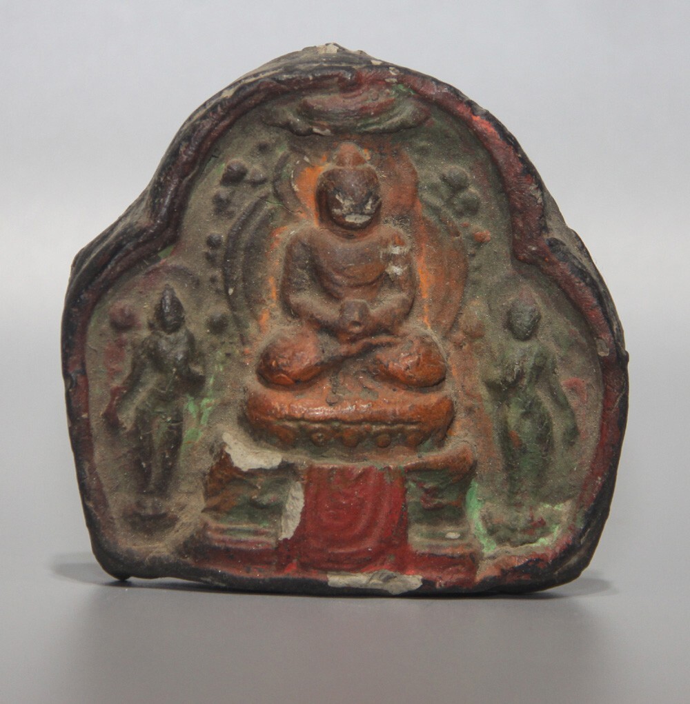 Tibet Vintage Old Buddhist Painted Clay Tsa Tsa Amitabha Buddha Statue Amulet
