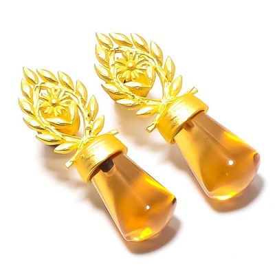 Boucles D'oreilles Minimalistes En Citrine, Plaquées Or Jaune - Élégant Et Naturel