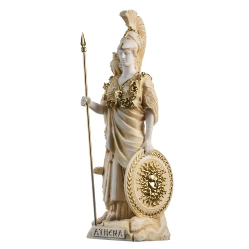 Athena With Owl Medusa Shield Greek Goddess Alabaster Statue Gold 10.2"