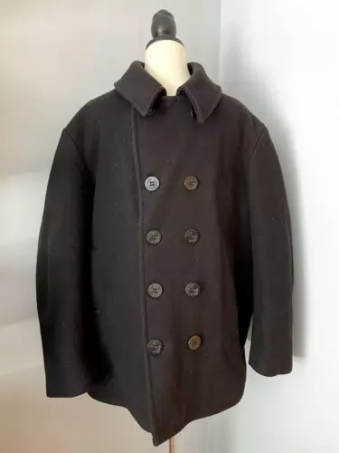 Vtg US Navy Mens 46 Black Double Breasted Overcoat Wool Pea Coat Military Wool