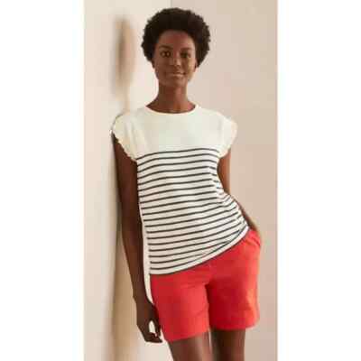 Boden Faye Jersey Top - Ivory with Navy Stripes with Frills on Sleeves US12