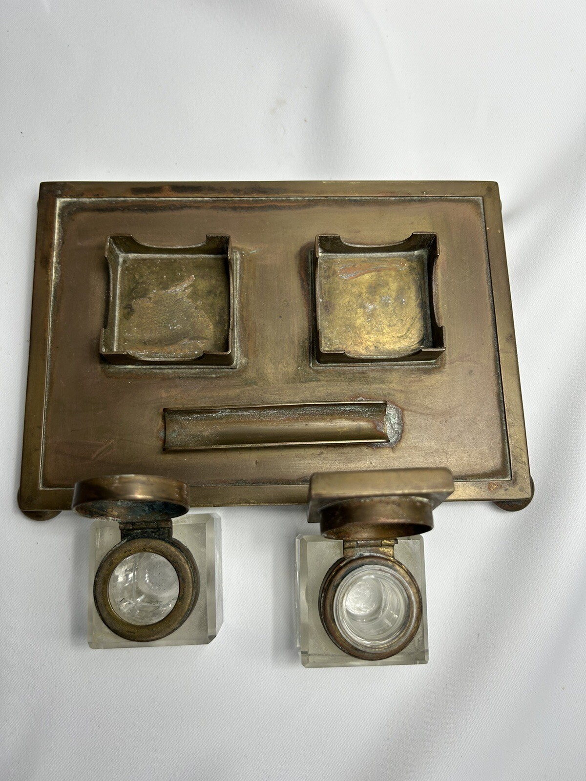 Vintage Inkwell And Pin Holder Brass Holder And Glass Inkwells eBay