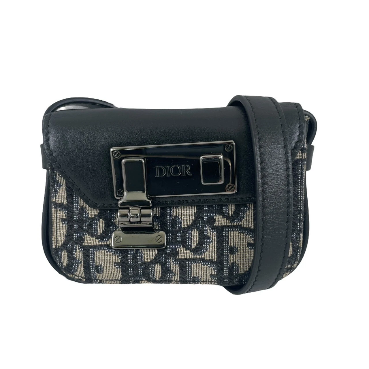 Mini sac bandoulière Christian Dior Lock toile cuir pochette oblique marine