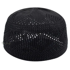 Black Nylon Kufi Skull Cap – Soft Breathable Hat with Open-Weave Diamond Pattern