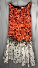J Taylor Fit n Flare Dress Size 12 Orange Black White Beige Floral Sleeveless