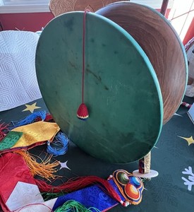Tibetan Buddhist Large 10.5” Chod Damaru Drum, With Case And Tail; Cloud Skin