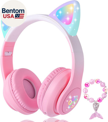 Cat Ear Kids Headphones Bluetooth, LED Light up Wireless/Wired Mode over Ear Hea