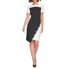 Tommy Hilfiger Women's Puff Sleeve Color Block Sheath Dress Size 14 Gold Buttons