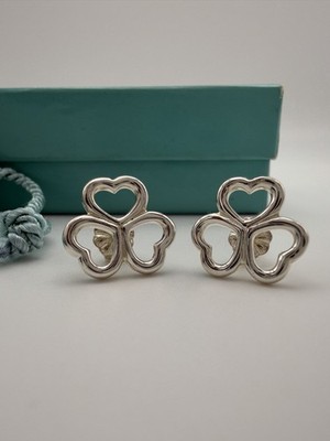 Authentische seltene Tiffany & Co Silber Triple Herz Kleeblatt Ohrstecker Box Etui