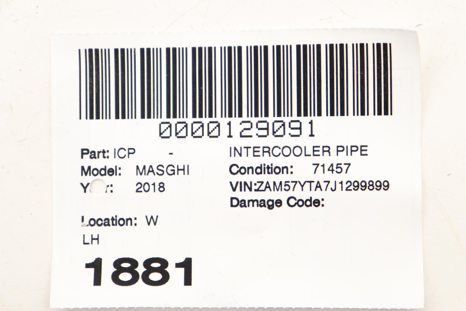 2017 - 2024 MASERATI GHIBLI AWD 3.0L INTERCOOLER LEFT INLET HOSE OEM 670106008