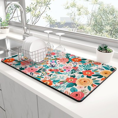 Dish Drying Mat for Kitchen Counter, 12 x 19'' Cute Flower Super Absorbent Dra...