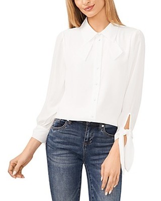 CeCe Collared Long Sleeve Button Down Blouse Women's L New Ivory Button Closure