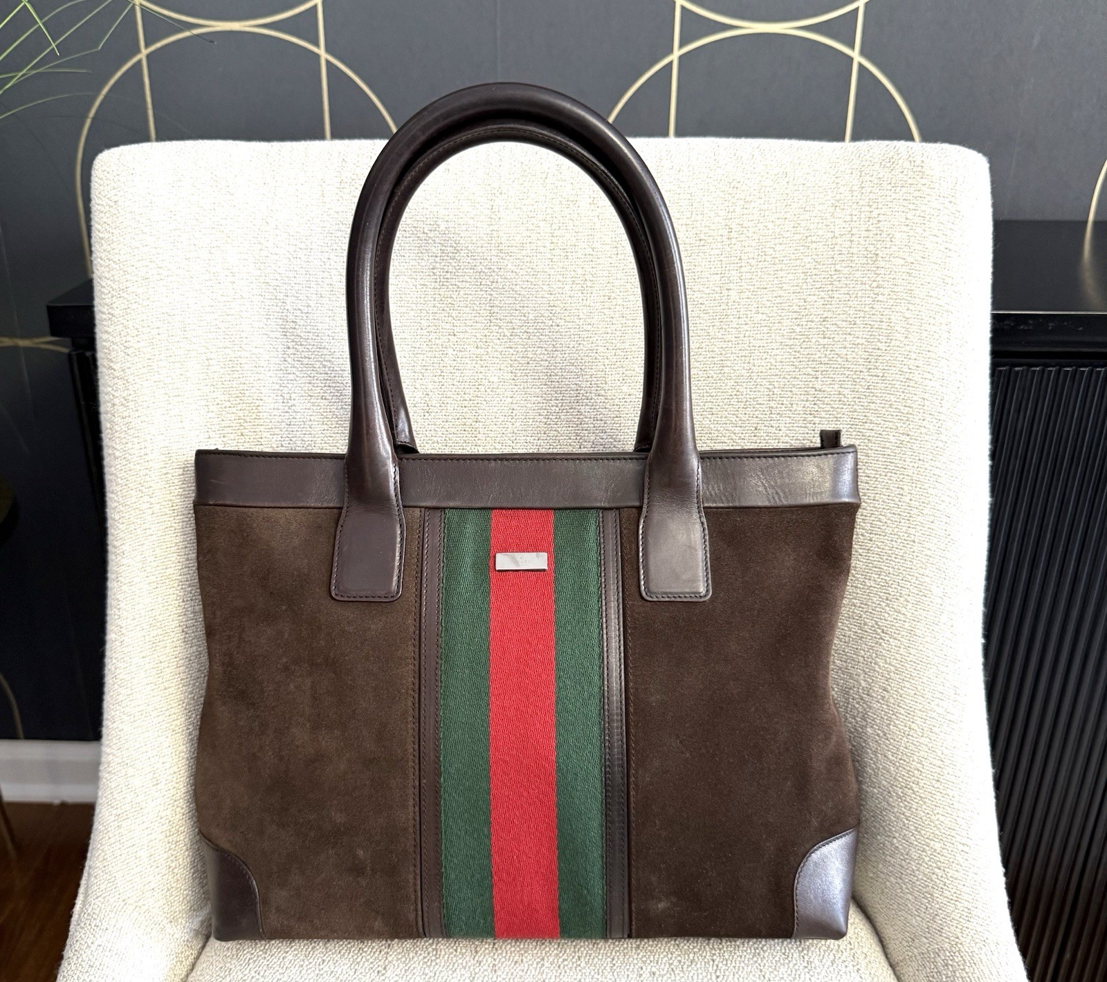 Gucci Authentic Brown Suede Medium Tote Bag Brown Leather Sherry Line Accents