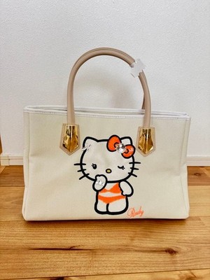 Hello Kitty weiße Canvas-Einkaufstasche goldene Beschläge beige Griffe klein