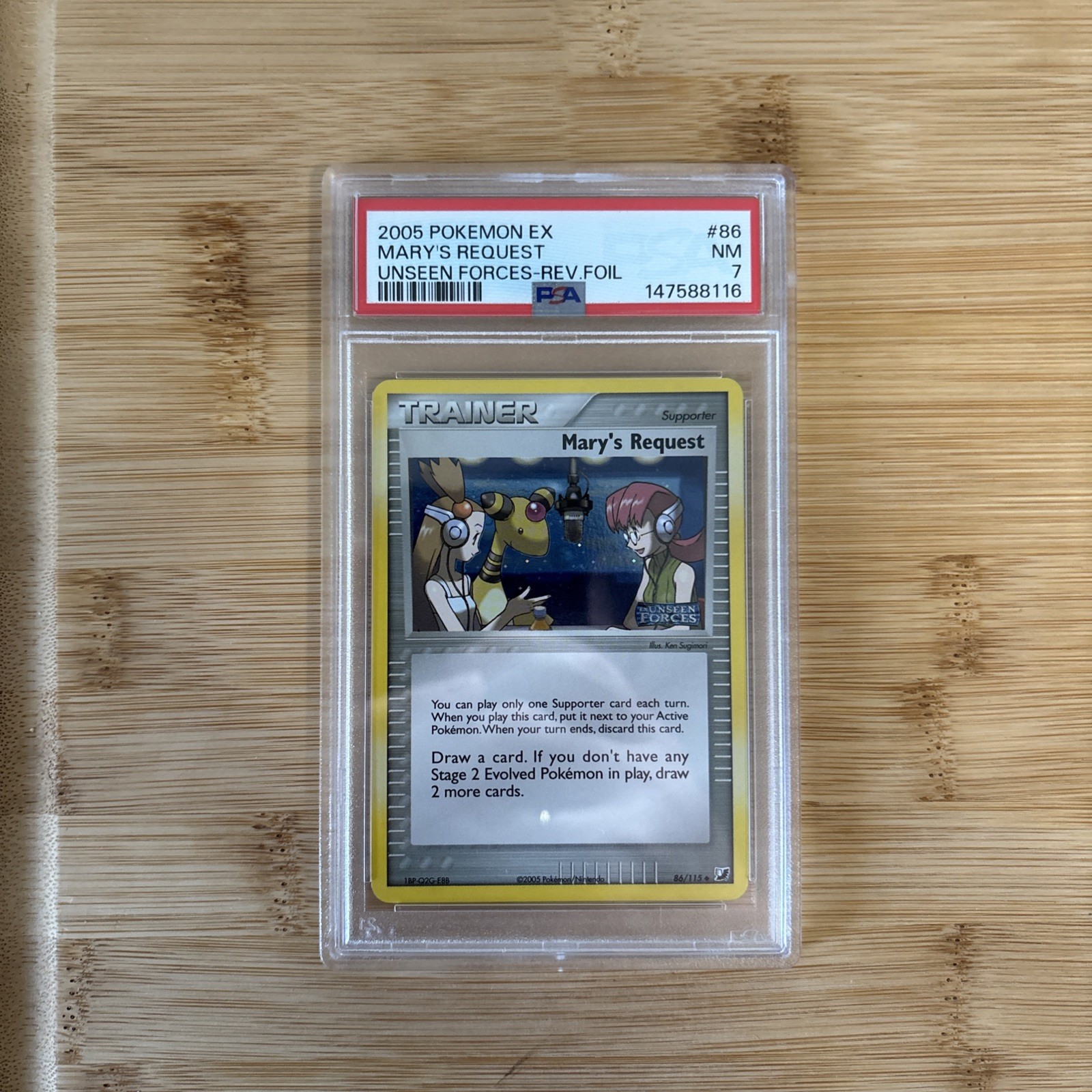 2005 POKEMON EX UNSEEN FORCES #86 MARY'S REQUEST-REVERSE FOIL PSA 7 NM