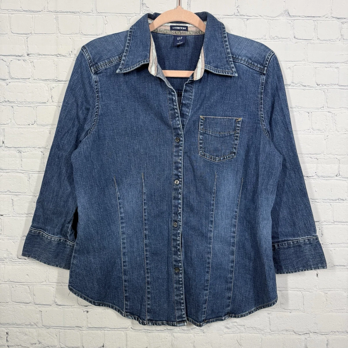 Chemise Western Femme Gap Y2K Denim Snap - Taille L Bleu Stretch - Vintage Cowgirl