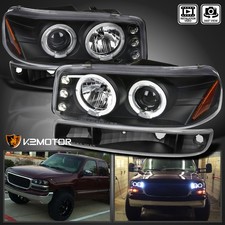 Fits 1999-2006 Gmc Sierra Yukon Xl Led Halo Projector Headlightsbumper Black