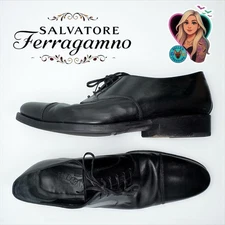 Salvatore Ferragamo Mens Oxford 9 Wide Black Leather Cap Toe Lace Up Dress Shoes