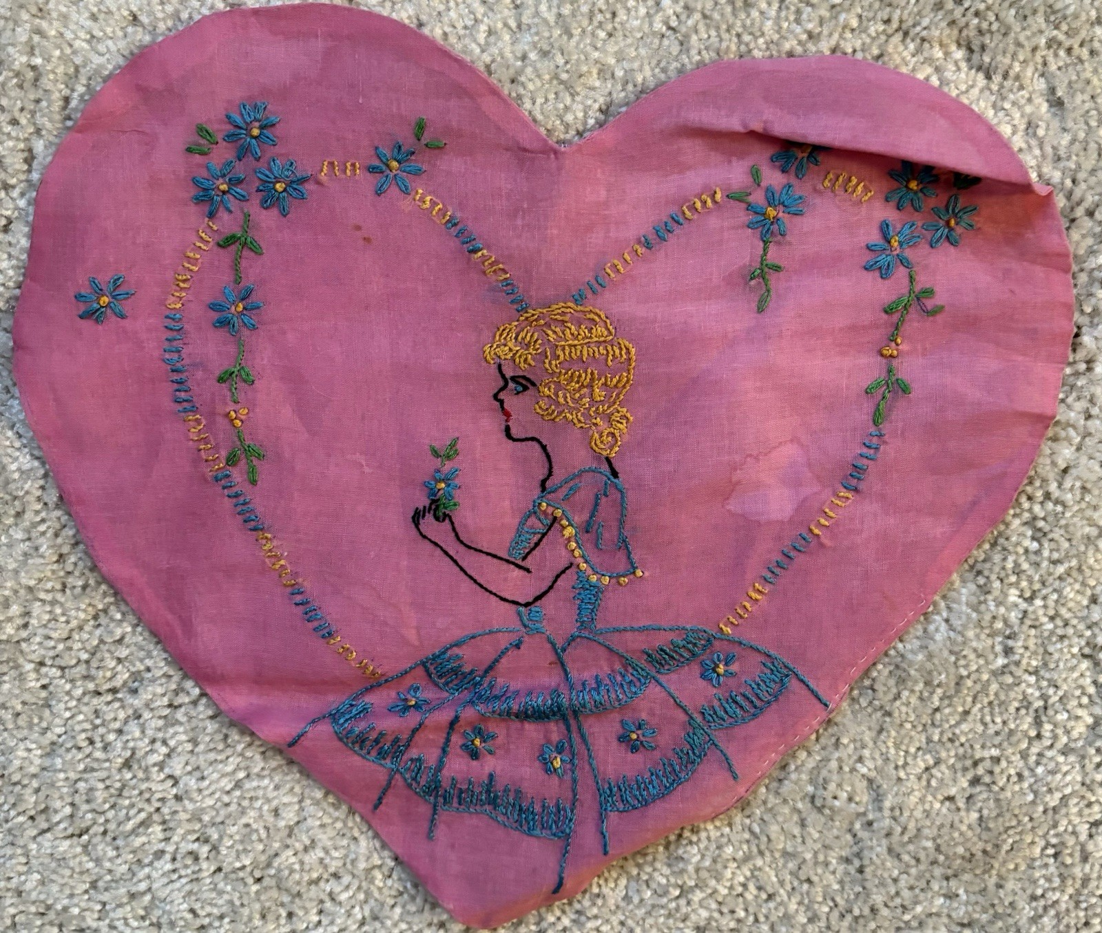 Vintage  Embroidered Pillow Pink Small Heart Shaped  Flapper Girl