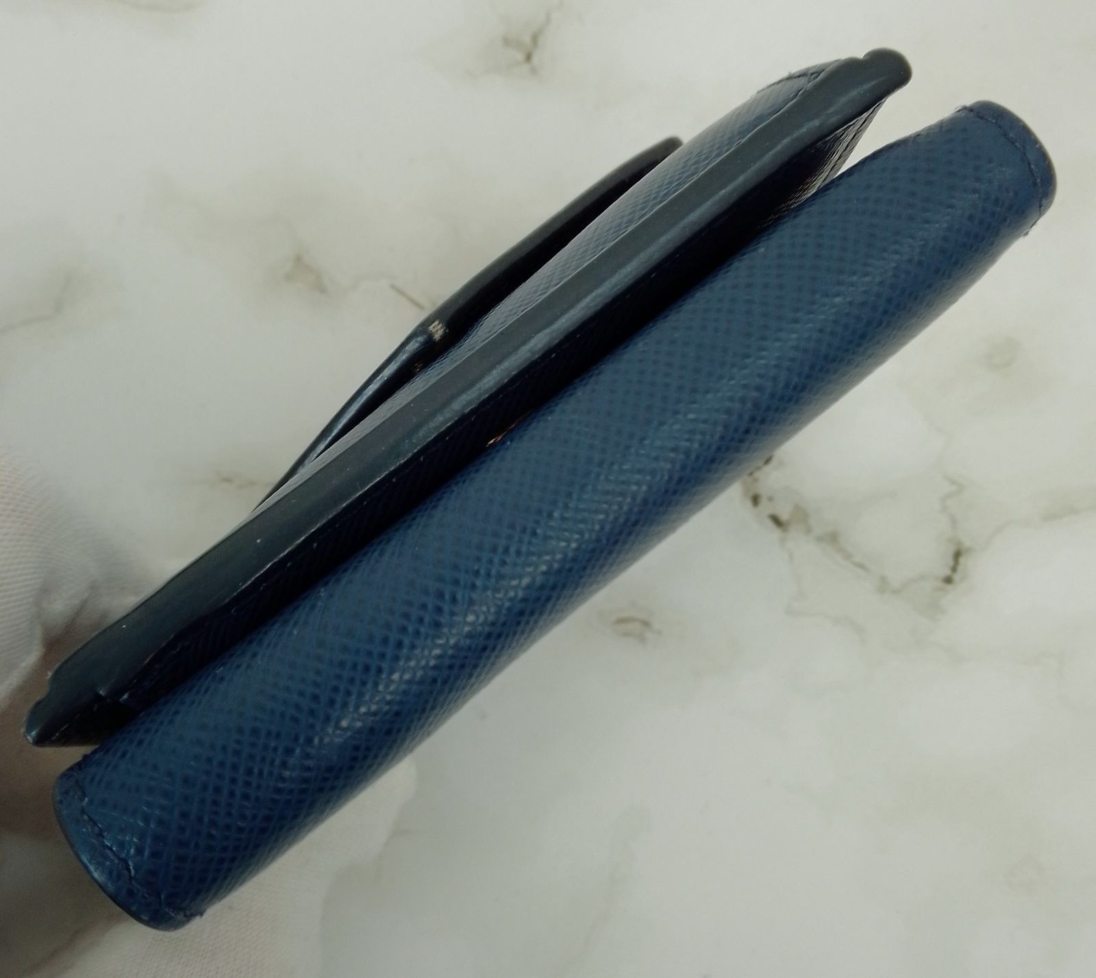 PRADA Saffiano Metal Compact Tri-fold Wallet Navy Blue Gold Hardware Leather Aut thumbnail 10