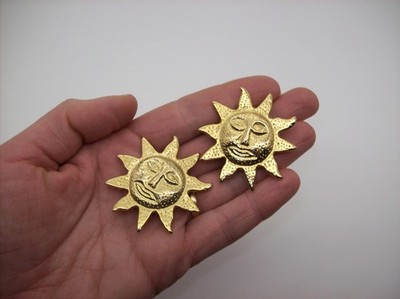 Vintage Celestial Sun Face Star Large Gold Tone Clip-on Boho Earrings, Y2K 1990s