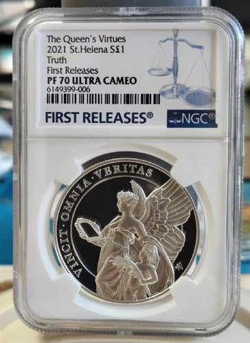 NGC PF70 FR 2021 UK St.Helena The Queen's Virtues Silver Coin-Truth 1oz POP:12