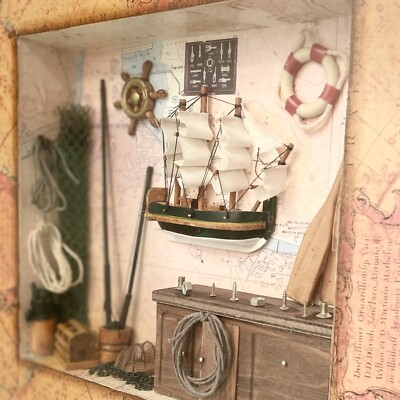 Vintage Model Fisherman Sea Captain Workshop Diorama Shadow Box