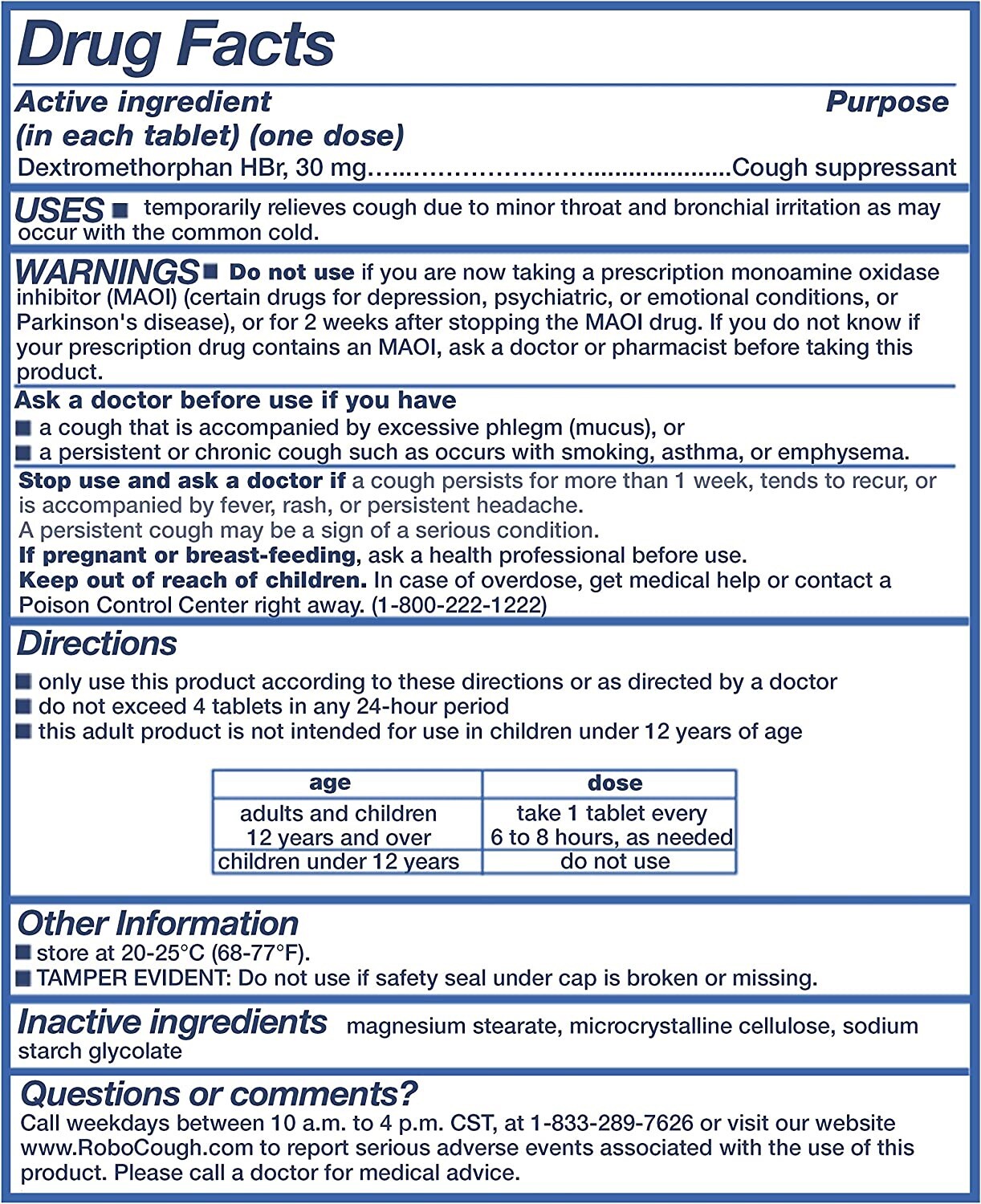 Robohbr Cough Suppressant, Dextromethorphan Hbr 30 Mg, 100 Tablets, 100 Doses International