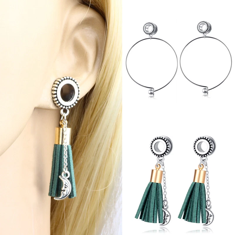 2X Flesh Tunnel Feder Sonnenblume Ohr Plug Double Flared Kette Anhänger Piercing - Bild 2 von 4