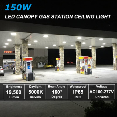 FlipToLed 150W LED Canopy Ceiling Light - Ultra Efficient Recessed Surface Mount Gas Station