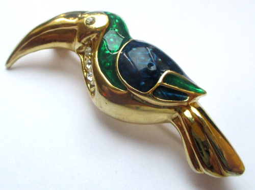 Grande Broche Fleur Vintage - Dorée, émail Bleu Et Noir, Cristaux - état Impeccable