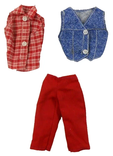 Barbie Vintage Clone 3 Piece Set Red Capris Blue Denim Vest Red/White Plaid Top