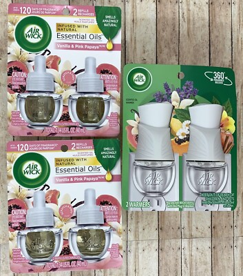 (4) Air Wick VANILLA & PINK PAPAYA Essential Oil Refills + 2) Plug-in Warmers