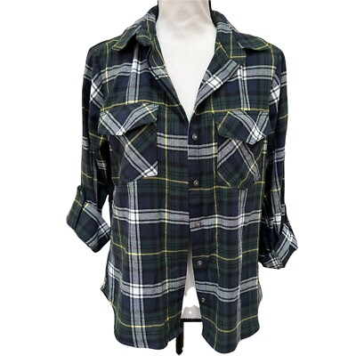 Sam Edelman Womens XS Green Plaid Zipper Shoulders Detail Long Sleeve Blouse