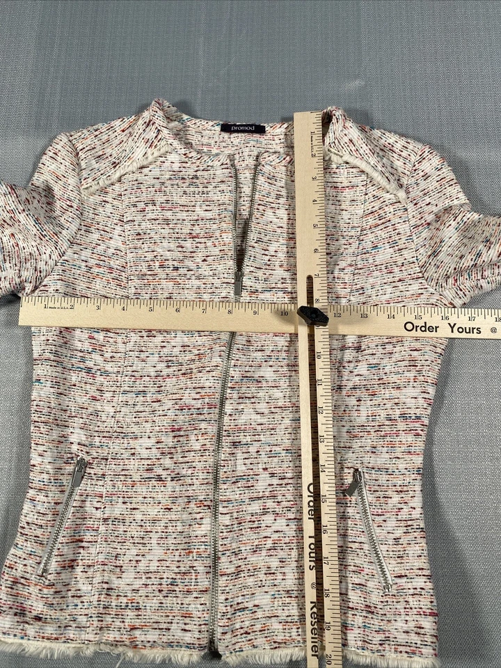 Blazer Promod feminino 2 tweed marfim metálico com zíper bolsos ajustados azul rosa laranja - Imagem 2 de 4