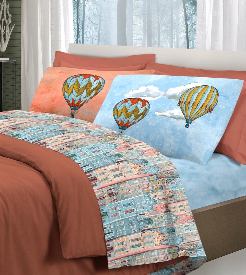 SAVOLTEX COMPLETO LENZUOLA COTONE VOLARE MONGOLFIERE ARANCIO MATRIMONIALE MADE ITALY