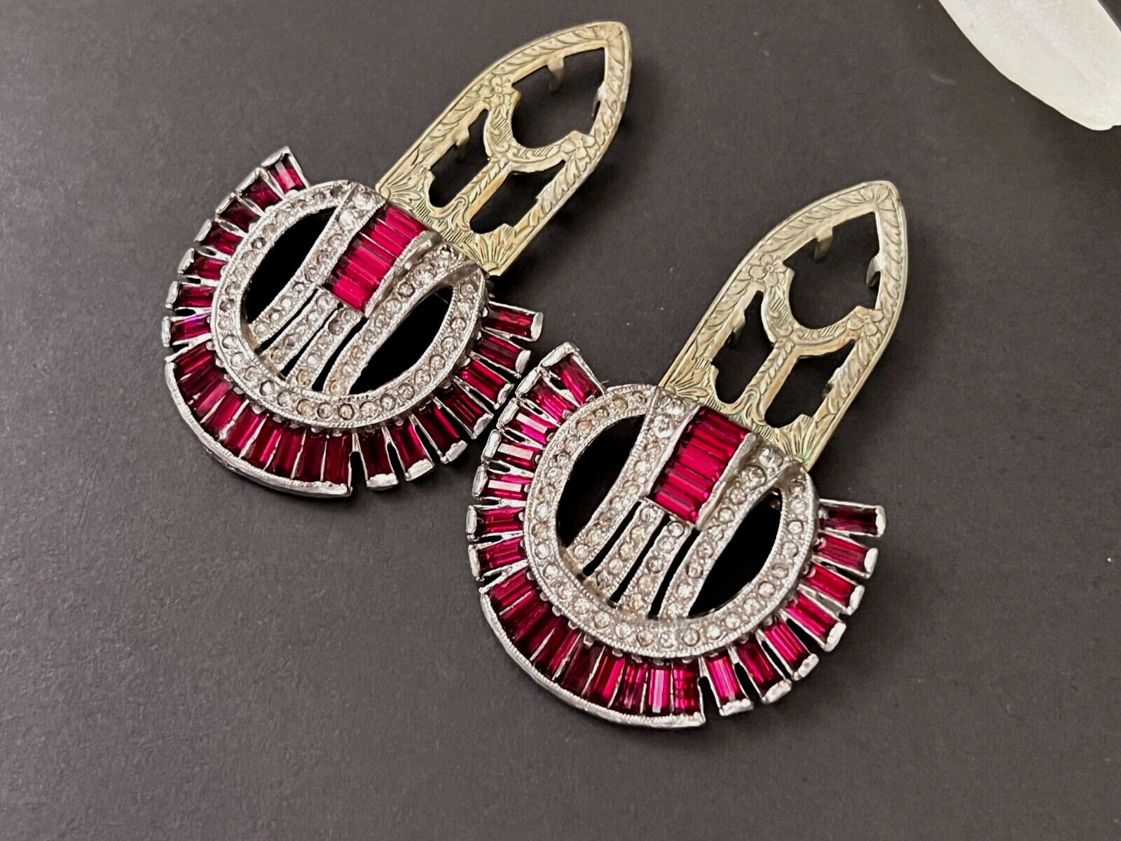 Pair ATQ Art Deco Hot Pink Clear Rhinestones Geometri… - Gem