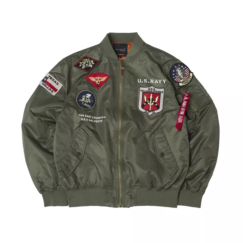 Military bomber shop jacket with patches