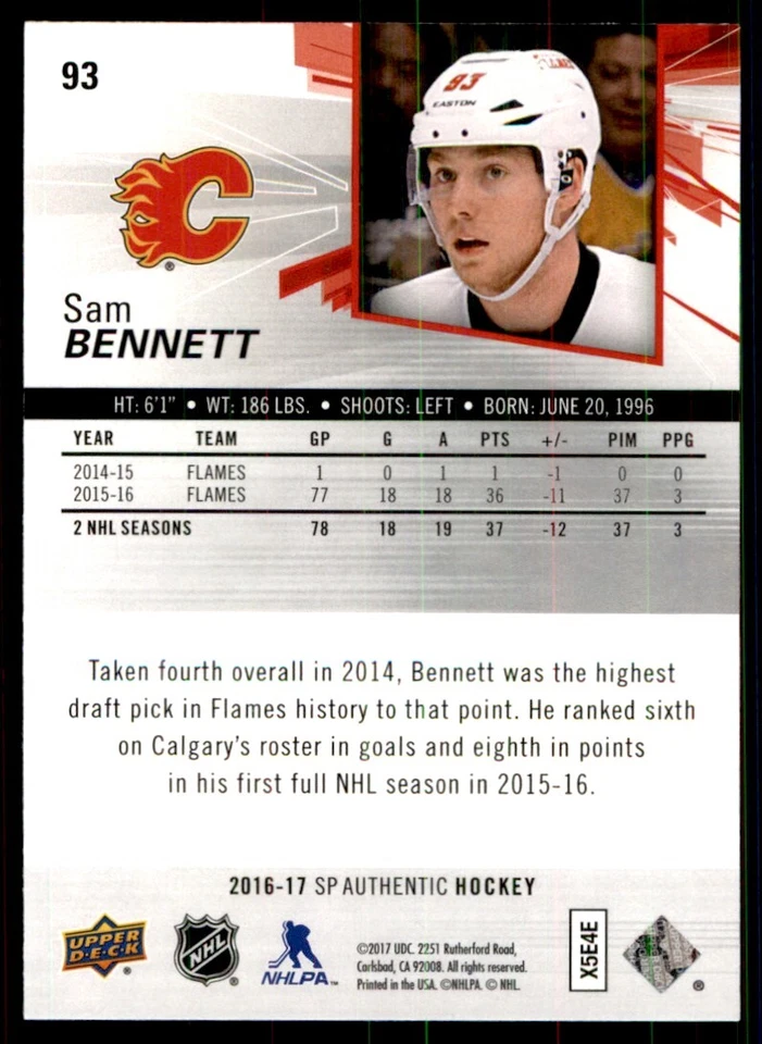 2016-17 SP Authentic Sam Bennett Calgary Flames #93 - Image 2 of 2