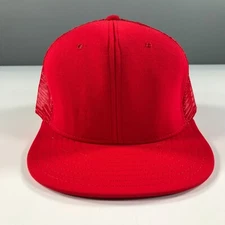 Vintage Trucker Hat Red Flat Brim Mesh Dome AJD Snapback Stiff Nylon Large Size