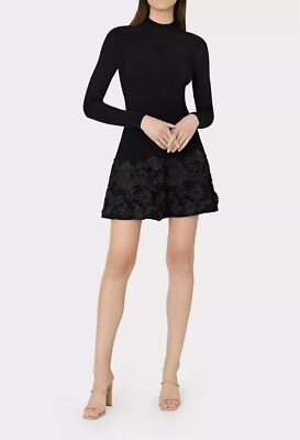 $450 MILLY Rosaelia Lace Trim Dress P XS Black Knit Mock Neck Mini